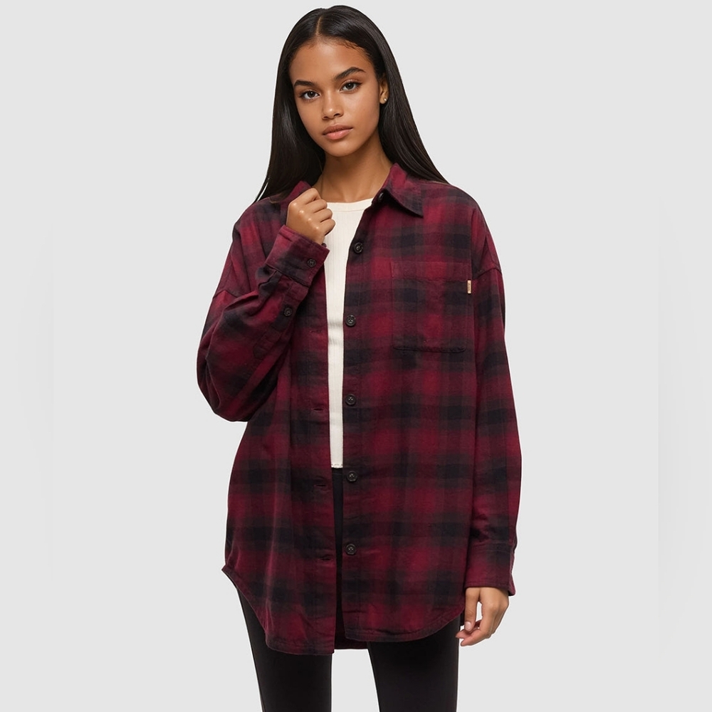tentree Burgundy and Black Plaid Button-Down Shirt